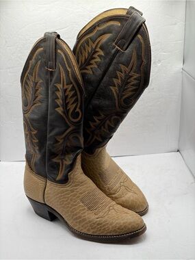 Vintage Abilene Two-Tone Cowboy Boots Men’s 8.5D Elephant Print Leather  6743USA
